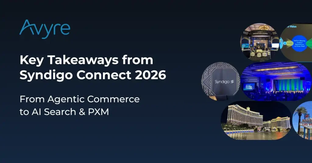 Hero banner: Avyre logo and the title 'Key Takeaways from Syndigo Connect 2026' with a circular photo collage on the right.