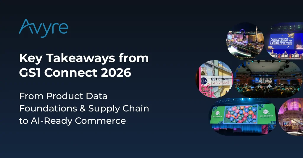 Avyre branded graphic with the headline 'Key Takeaways from GS1 Connect 2026' and subtext 'From Product Data Foundations & Supply Chain to AI-Ready Commerce,' alongside a collage of photos from the GS1 Connect Las Vegas conference including keynote sessions and event signage.