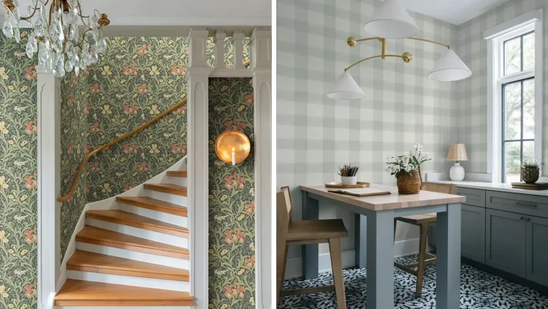 Two interior vignettes: a staircase with ornate dark floral wallpaper and a crystal chandelier, and a bright workspace with sage green gingham wallpaper and gold pendant lighting.