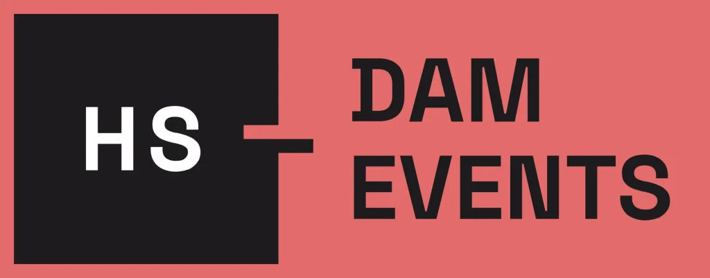 logo white hs on a black square with a notch next to bold black dam events on a pink background